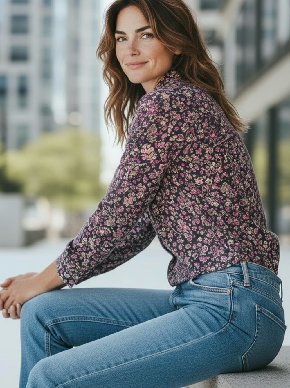 Faded Glory L 12/14- Women's Floral Button-Down Shirt - Pink Floral